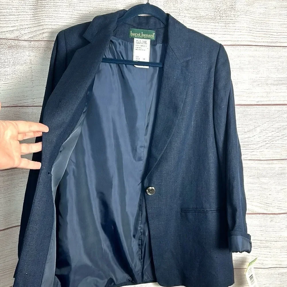NWT Harve Benard Blue Linen Blazer Single Button Front  US 10 Vintage